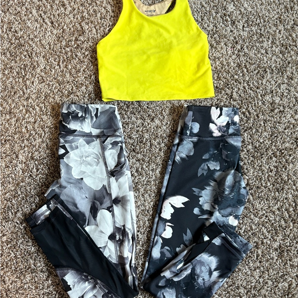 Old Navy Active Yellow Crop and Floral Leggings Bundle